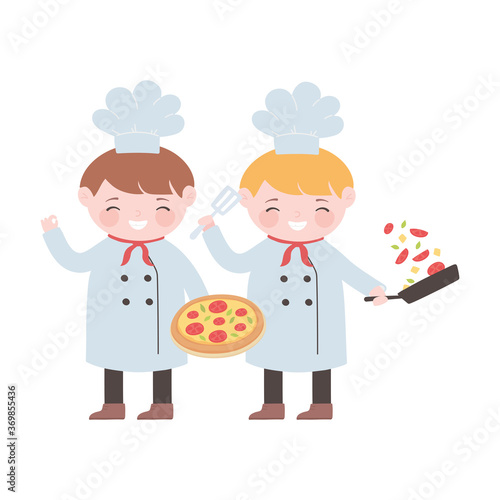 chefs cartoon character with pizza vegetables and spatula