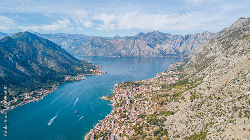 Flying above the old town of Kotor in Montenegro in the Bay of Kotor.