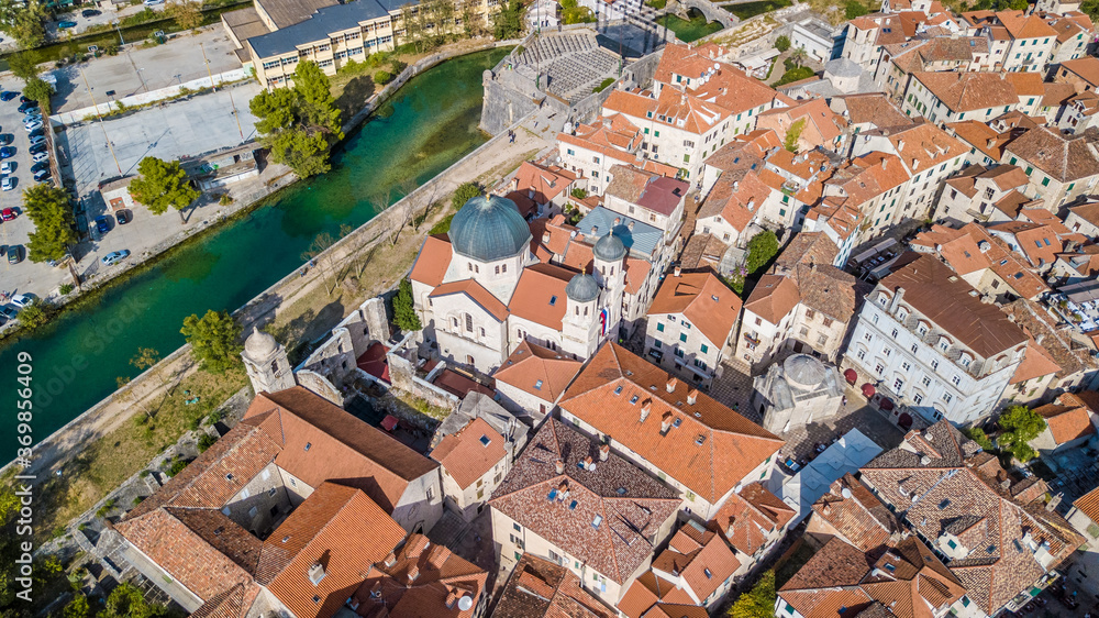Flying above the old town of Kotor in Montenegro in the Bay of Kotor.