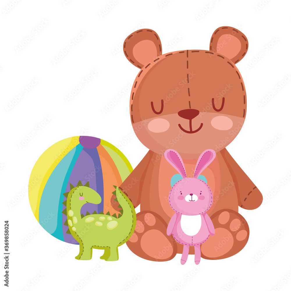 toys object for small kids to play cartoon, cute teddy bear dinosaur rabbit and ball toys object for small kids to play cartoon, cute teddy bear dinosaur rabbit and ball