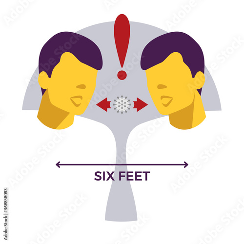 Transmission virus. Person-to-person spread. Coronavirus. COVID-19. Six feet distance. Infographic. Prevention, risk groups, pneumonia disease. Vector illustration. Healthcare poster or banner templat