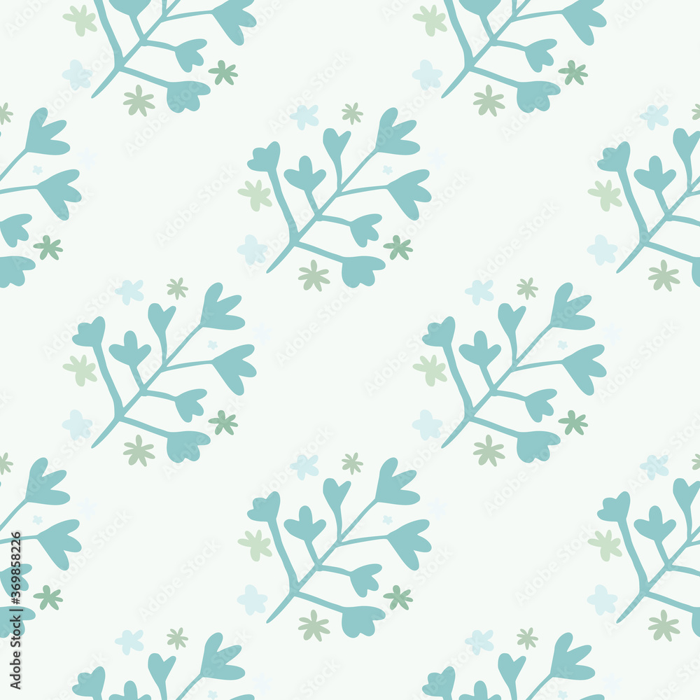 Fototapeta premium Winter seamless doodle pattern with blue botanic ornament on light background. Simple backdrop.