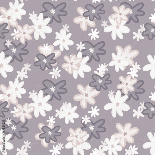 Seamless floristic pattern with daisy shapes and outline silhouettes. Light purple background with white elements.