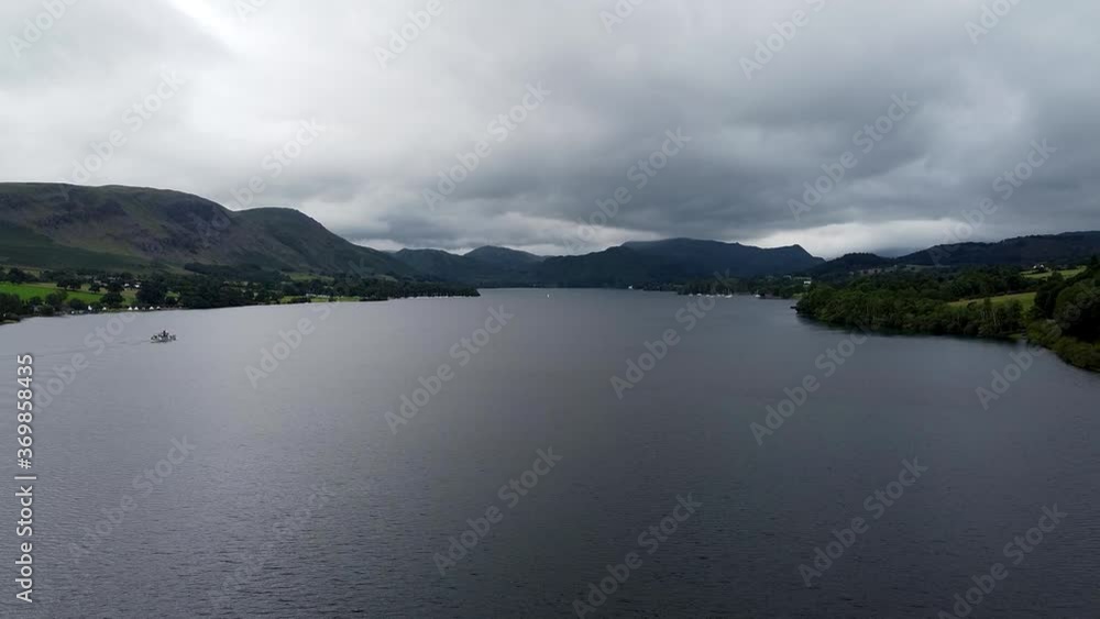 View over Ullswater lake in cloudy conditions, aerial View over Ullswater lake in cloudy conditions, aerial