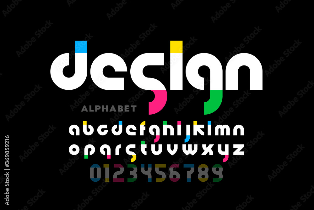 Modern style lowercase font, alphabet letters and numbers