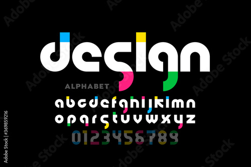 Modern style lowercase font, alphabet letters and numbers