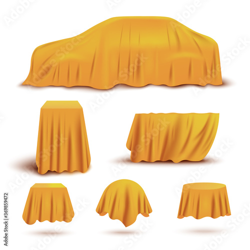 Set of objects and gifts covered with realistic yellow covers for curtains.