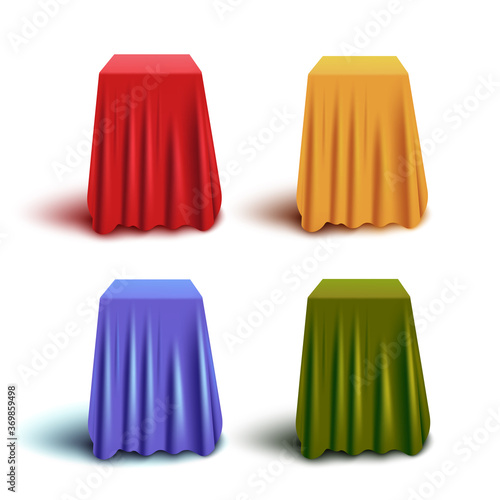 Set of red and blue, yellow and green hidden stands or boxes with fabric curtain cover.