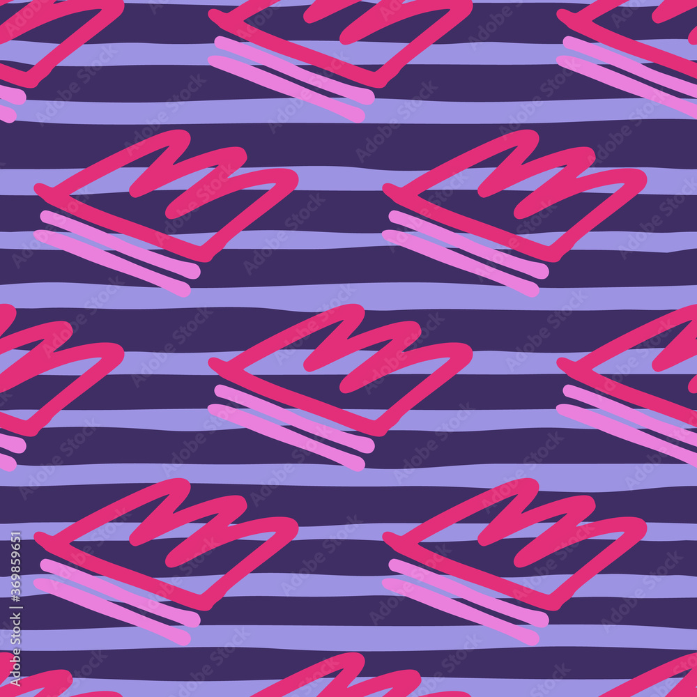 Hand dawn pink crown outline silhouettes seamless pattern. Navy blue background with strips. Simple backdrop.