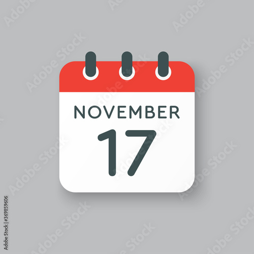 Calendar icon day 17 November, template icon day