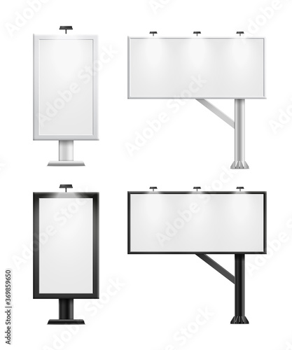 A set of realistic mockups for city street banners and billboards with white and black frame.