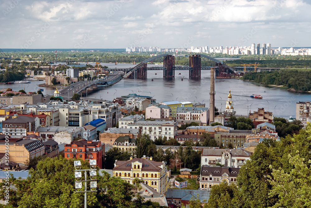 Kiev panorama to the Dnieper and bridge under construction