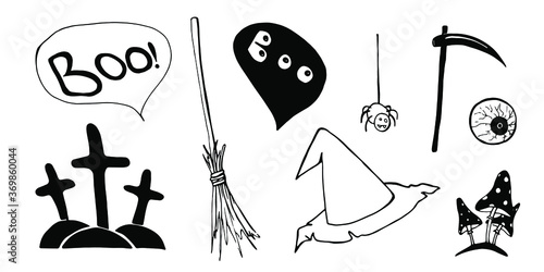 Cute vector set of Halloween elements: witch hat, the scythe of death, eye, mushrooms, spiderweb, grave, crosses in doodle style. Black hand-drawn object for your design.