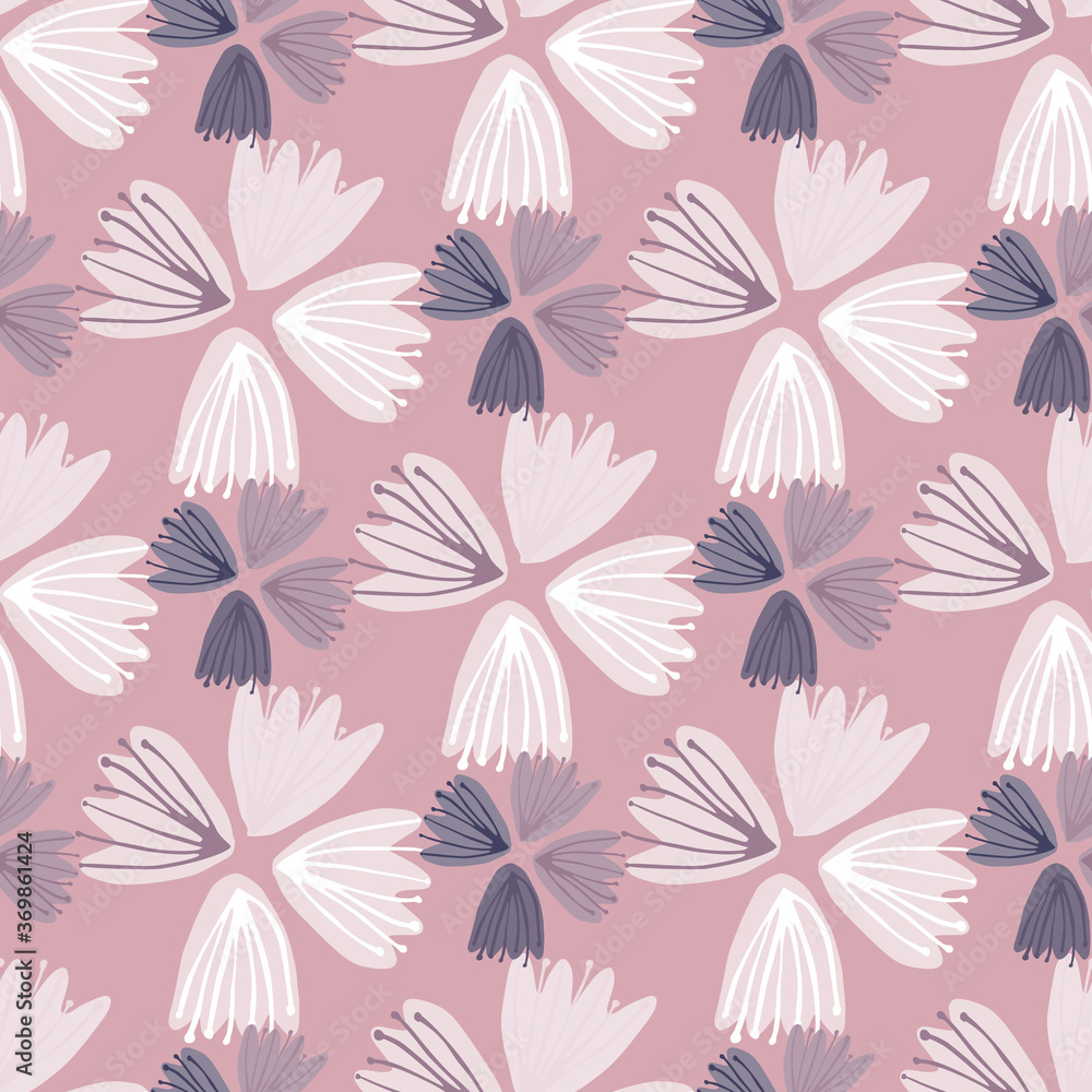 White tulip buds seamless doodle pattern. Stylized print with light purple backgound. Nature backdrop.