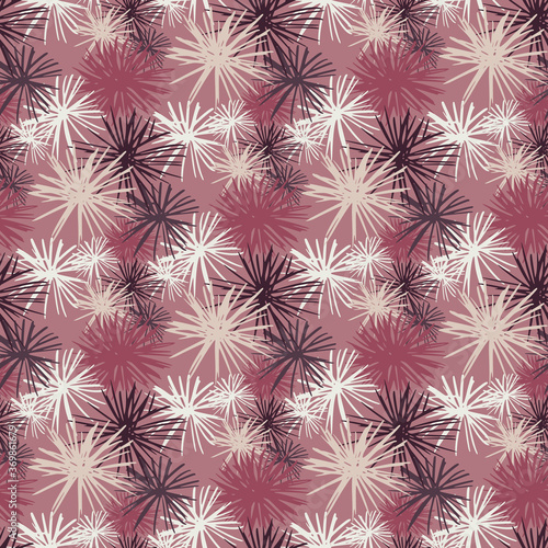 Sea urchin seamless doodle hand drawn pattern. Surface theme backdrop with white pompons on dark lilac background.