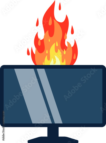 tv is burning, fire damaged tv.Conceptual vector illustration in flat style design.
