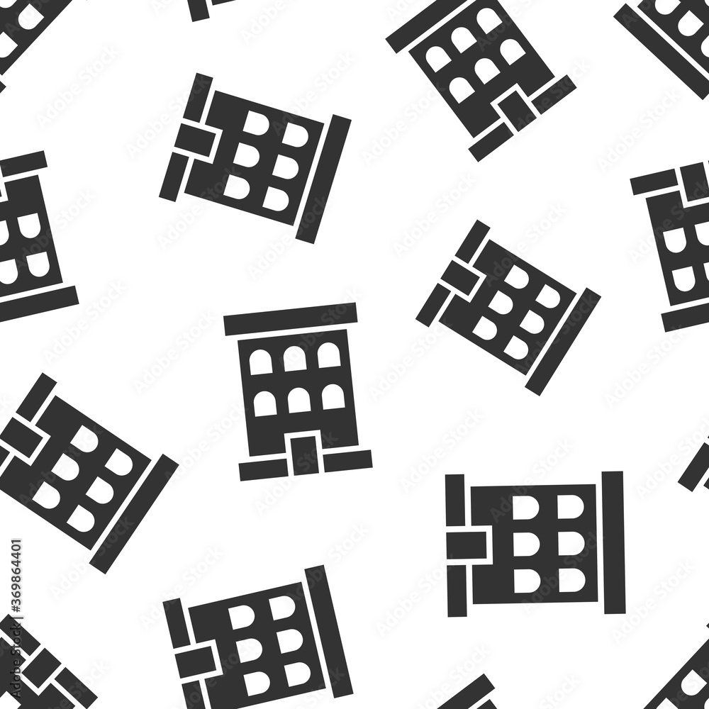 Building icon in flat style. Town skyscraper apartment vector illustration on white isolated background. City tower seamless pattern business concept.