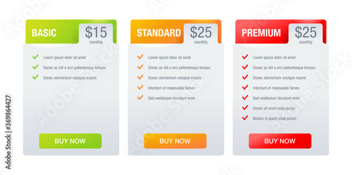 Tariff comparsion tables - web UI template - Basic, Standard, Premium tariffs - three columns with options in different colors - isolated vector infographics