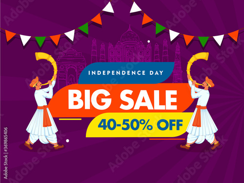 Independence Day Big Sale Poster Design with 40-50% Discount Offer, Line Art India Famous Monuments and Two Men Blowing Tutari Horn on Purple Rays Background. photo