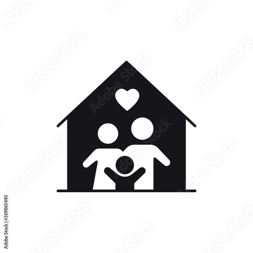 Happy little family for care and love inside the house of stay at home in quarantine symbol. People member include Mom, dad with one child. Solid Vector illustration Design on white background. EPS 10