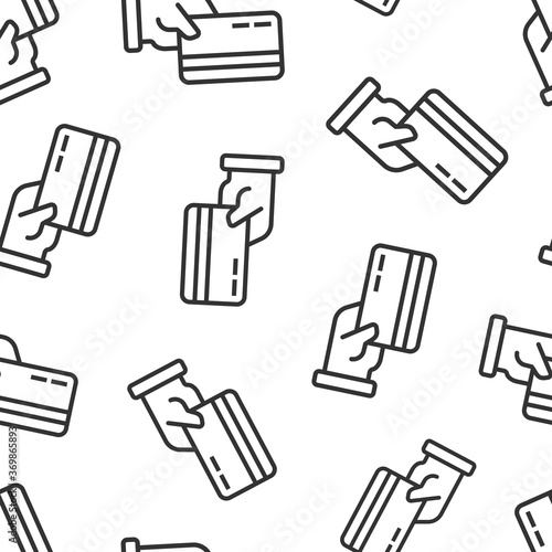 Credit card with hand icon in flat style. Payment vector illustration on white isolated background. Purchase seamless pattern business concept.