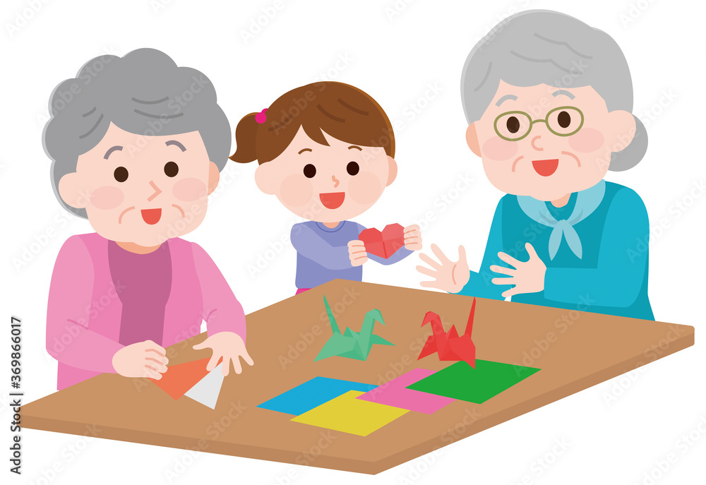 手先でレクリレーション　子供と折り紙する高齢者2　イラスト