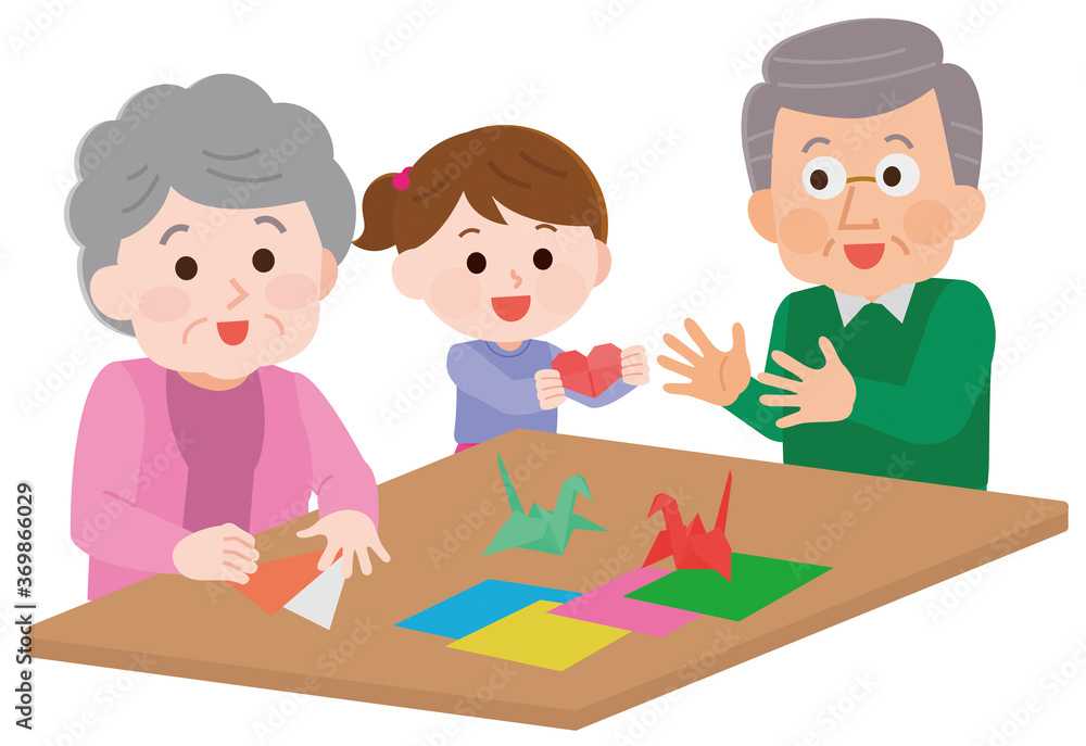 手先でレクリレーション 子供と折り紙する高齢者1 イラスト 手先でレクリレーション 子供と折り紙する高齢者1 イラスト