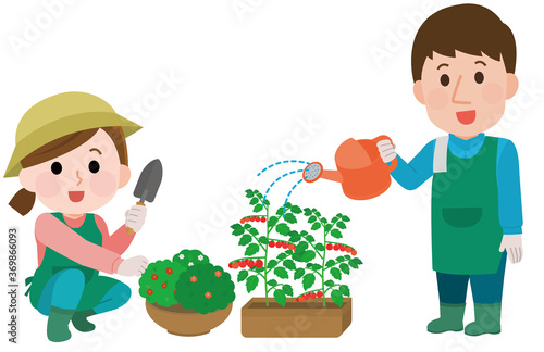 家庭菜園　ガーデニングをする男女　イラスト