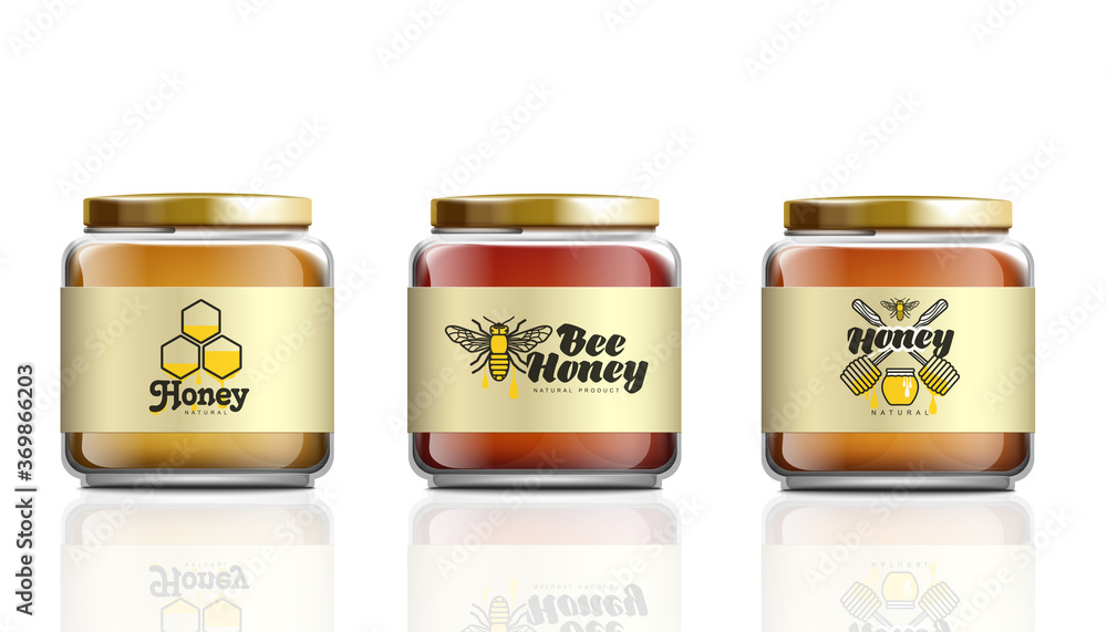 Realistic glass honey jar mockup set with label logo template Realistic glass honey jar mockup set with label logo template