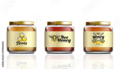 Realistic glass honey jar mockup set with label logo template