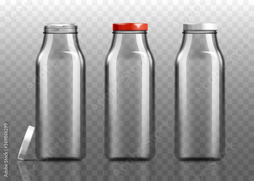 Realistic empty milk bottle mockup set isolated on transparent background