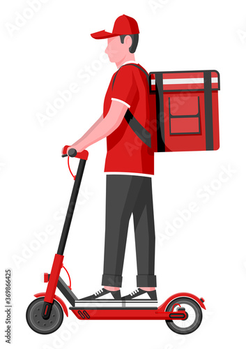 Delivery man riding kick scooter with the box. Concept of fast delivery in the city. Male courier with parcel box on his back with goods and products. Cartoon flat vector illustration