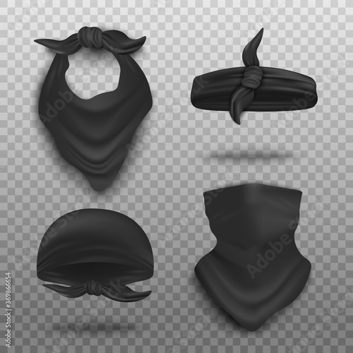Realistic black bandana mockup set - neck scarf, headband and face cover