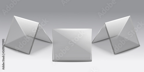 Clear plastic table stand set from front and side view - transparent glass desk plate