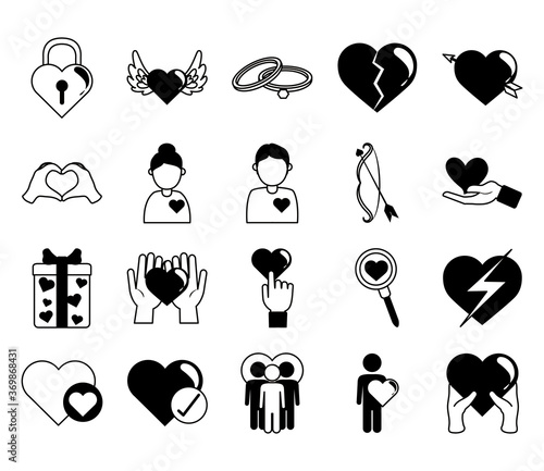 love heart romantic passion feeling message linear style icons set