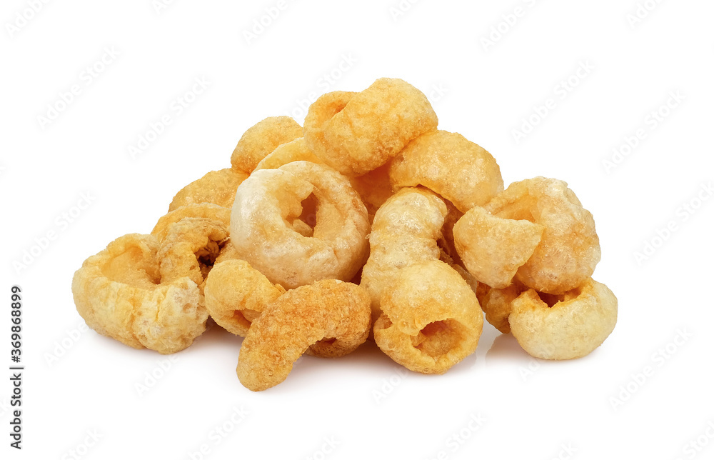 Pork snack, pork rind, pork scratching, pork crackling isolated on white background.