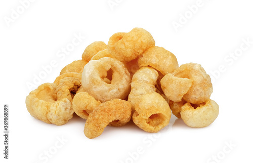 Pork snack, pork rind, pork scratching, pork crackling isolated on white background.