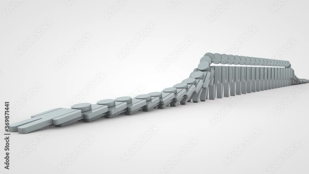 3D animation of falling people, Domino effect. The silhouettes fall until they come across one that stops the disaster. The idea of salvation in crisis situations. 3D animation of falling people, Domino effect. The silhouettes fall until they come across one that stops the disaster. The idea of salvation in crisis situations.