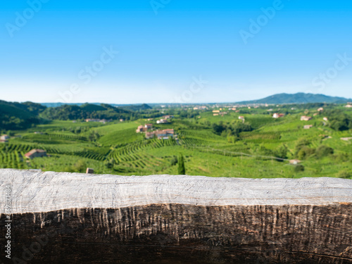 Wood table in summer vineyard country landscape
