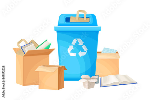 Recycling of Paper with Piles of Waste Paper and Trash Bin Vector Illustration