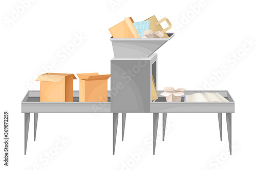 Recycling Paper Conveyor Line with Piles of Waste Paper Vector Illustration