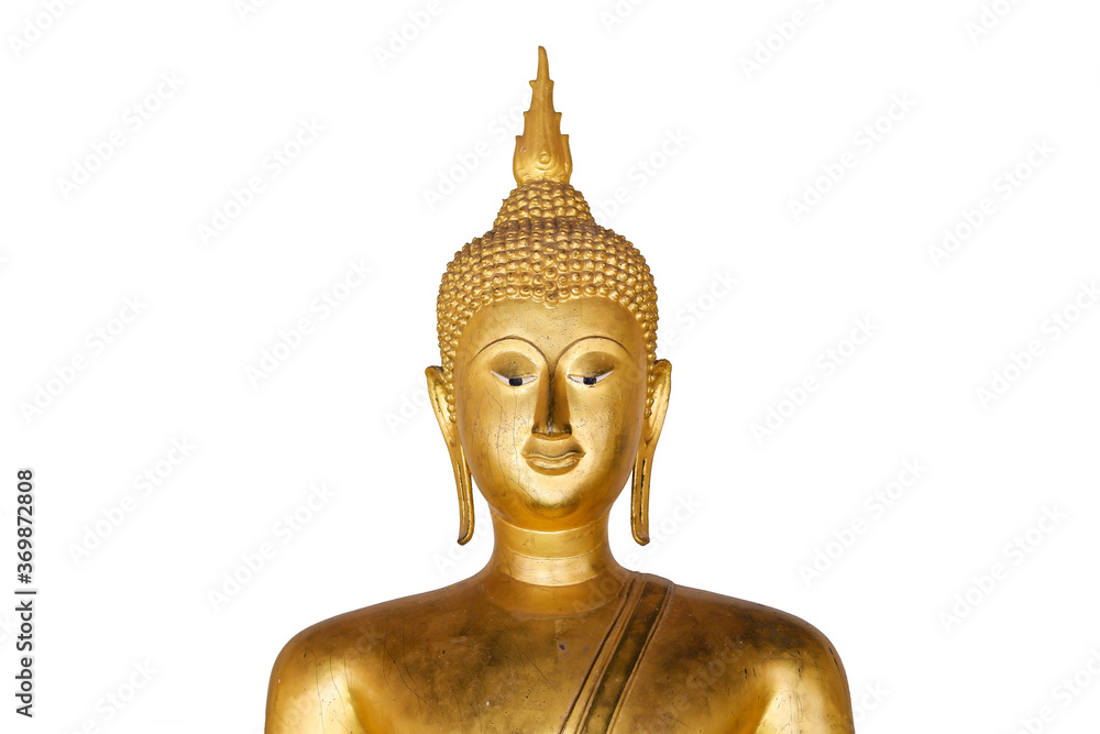 Ancient golden buddha statue isolated on white background with clipping path.