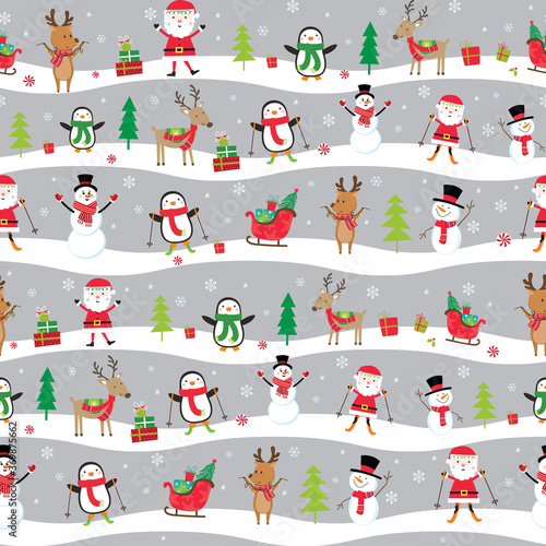 Seamless cute Christmas Character on silver background, Cute Santa and friendsPrint