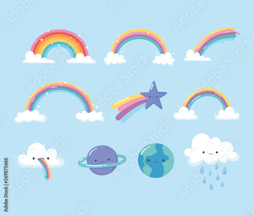 rainbows planets shooting star with clouds sky cartoon icons