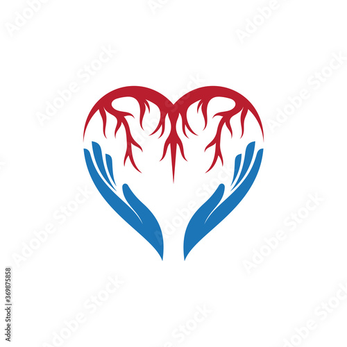 Logo to prevent heart disease. Logo design of hand and heart for healthcare and medical clinic. Simple flat logo template