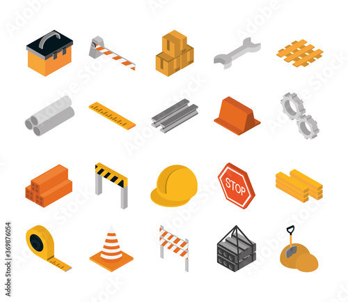 isometric repair construction work tool and equipment toolbox barrier boxes wrench hekmet measure tape flat style icons set