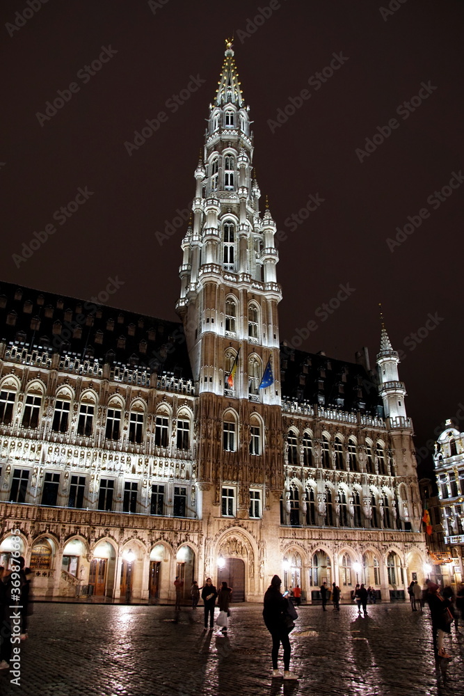 Night shot of illuminated facades on the Grand Place or Square also used in English or Grote Markt that is the central square of Brussels.