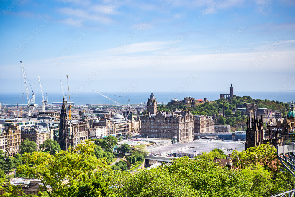 The skyline of City Edinburgh, the capital in Scotland.