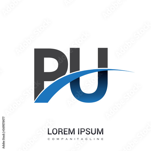 initial letter PU logotype company name colored blue and grey swoosh design. vector logo for business and company identity.