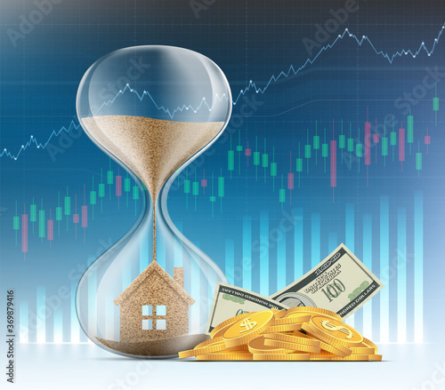 Hourglass with a house. Real estate sales and mortgages.